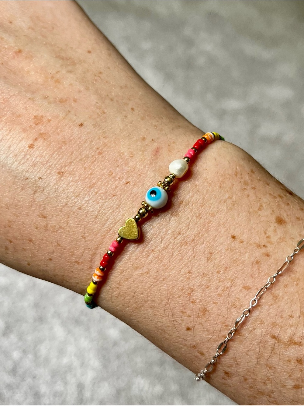 Gold Heart & Rainbow Beaded Evil Eye Bracelet